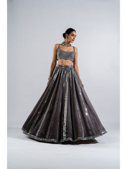 Vvani by Vani Vats - Charcoal Grey Seam Lehenga with Mirror Blouse & Dupatta (Set of 3)