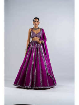 Vvani by Vani Vats - Pop Wine Mirror Seam Blouse with Lehenga & Dupatta (Set of 3)