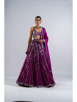 Vvani by Vani Vats - Pop Wine Linear Drop Lehenga with Metallic Blouse & Dupatta (Set of 3)
