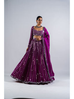 Vvani by Vani Vats - Pop Wine Linear Drop Blouse with Lehenga & Dupatta (Set of 3)