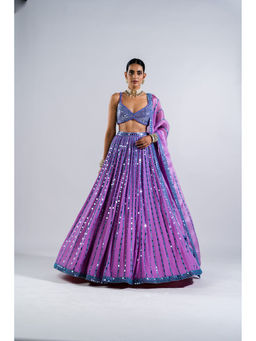 Vvani by Vani Vats - Lavender Linear Drop Lehenga with Metallic Blouse & Dupatta (Set of 3)