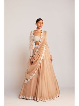 Vvani by Vani Vats - Beige Pearl Embellished Lehenga with Blouse & Dupatta (Set of 3)