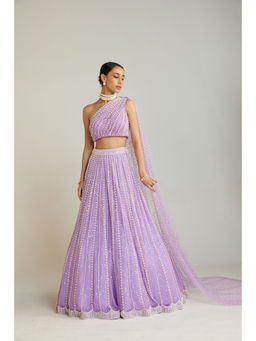 Vvani by Vani Vats - Lilac Pearl Embellished Lehenga with Blouse & Trail (Set of 3)