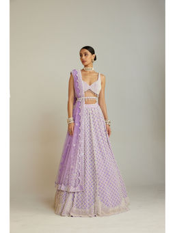 Vvani by Vani Vats - Lilac Pearl Drop Lehenga with Embellished Blouse, Dupatta & Belt (Set of 4)