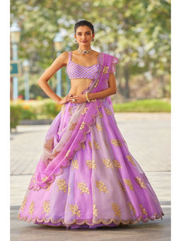 Vvani by Vani Vats - Lavender Flower Blouse with Lehenga & Dupatta (Set of 3)