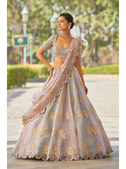 Vvani by Vani Vats - Powder Grey Flower Blouse with Lehenga & Dupatta (Set of 3)