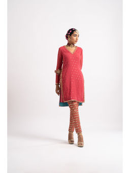 Vvani by Vani Vats - Deep Coral V Neck Heavy Kurta & Pant (Set of 2)