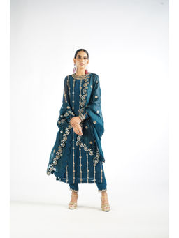 Vvani by Vani Vats - Dark Teal Embellished Kurta & Pant with Dupatta (Set of 3)
