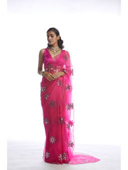 Vvani by Vani Vats - Peacock Pink Mirror Cutwork Saree with Stitched Blouse and Belt