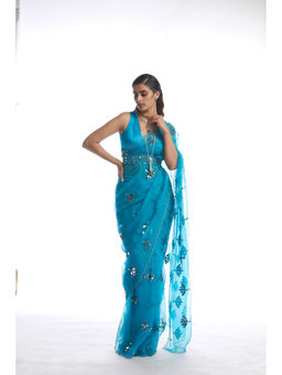 Vvani by Vani Vats - Turquoise Mirror Cut Work Saree with Stitched Blouse and Belt