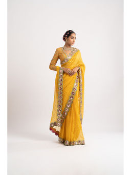 Vvani by Vani Vats - Mustard Hand Cut Mirror Border Saree & Stitched Blouse