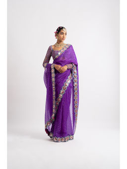 Vvani by Vani Vats - Purple Hand Cut Mirror Border Saree & Stitched Blouse