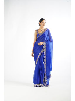 Vvani by Vani Vats - Royal Blue Mirror Scallop Saree & Stitched Blouse