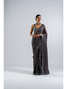 Vvani by Vani Vats - Charcoal Grey Mirror Work Saree with Metallic Stitched Blouse