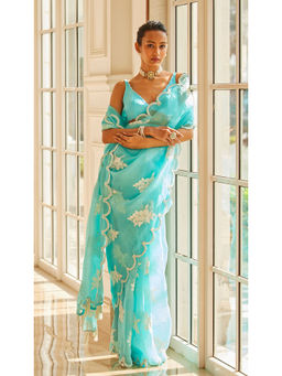 Vvani by Vani Vats - Blue Flower Saree & Stitched Blouse