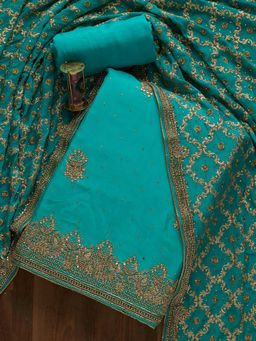Koskii - Turquoise Blue Stonework Semi Crepe Unstitched Salwar Suit (Set of Three)