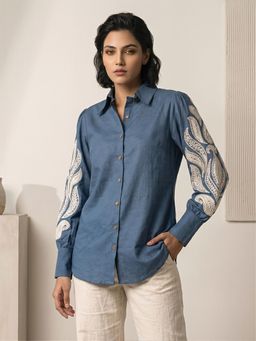 COTTONS DAILY - Blue Embroidered Shirt