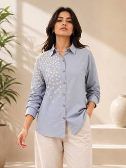 COTTONS DAILY - Sky Blue Flower Embroidered Shirt