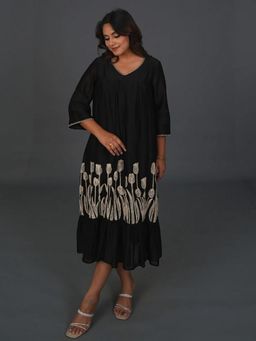 KASAVI - Black Midnight Tulip Coututre Midi Dress