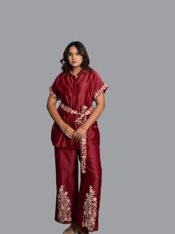 KASAVI - Aurelia Maroon Belt Ensemble Co-Ord Set
