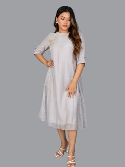 KASAVI - Grey Mist Pleated Midi Dress