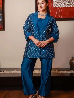 KASAVI - The Regal Grid Blue Blazer with Inner and Pant