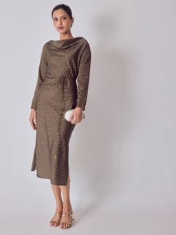 The Label Life - Brown Cocoa Polka Satin Midi Dress