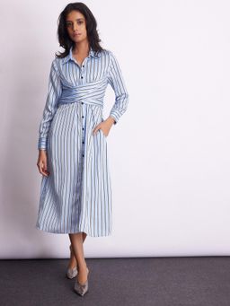 The Label Life - Blue Ice Twist Wrap Striped Midi Dress