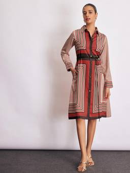 The Label Life - Multi-Color Geometric Scarf Print Shirt Knee Length Dress with Belt
