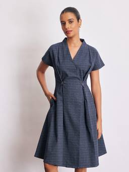 The Label Life - Royal Blue Checked Pleated Knee Length Dress