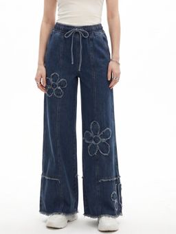 Outzidr - Blue Drawstring Waistband with Floral Self Design Jeans