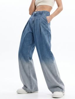 Outzidr - Light Blue High-Rise Pleated Wide Leg Jeans