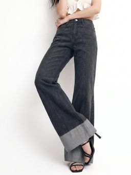 Outzidr - Grey Folded Hem Wide Leg Jeans