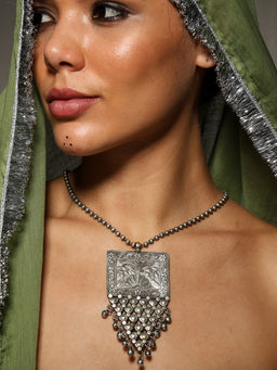 VENI - 92.5 Sterling Silver-Plated Artificial Beaded Oxidised Pendant With Chain