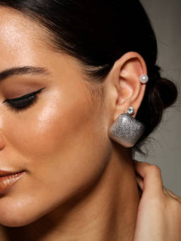 VENI - Set of 3 Oxidised 92.5 Silver-Plated Stones Studded and Beaded 3 Pair of Studs