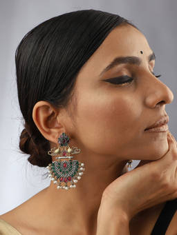 VENI - 92.5 Silver-Plated Oxidised Peacock Shaped Stone Studded and Pearls Beaded Earrings