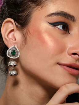VENI - 92.5 Silver Plated Artificial Stones Studded and Beaded Oxidised Tear Earrings