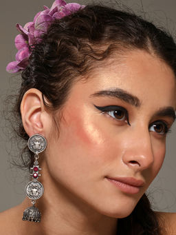 VENI - 92.5 Silver-Plated Artificial Stones Studded Oxidised Dome Shaped Earrings