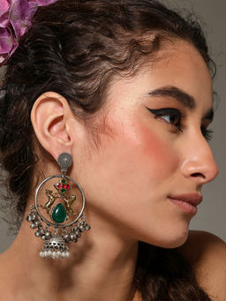 VENI - 92.5 Silver-Plated Stones Studded and Ghungroo Beaded Dome Oxidised Earrings