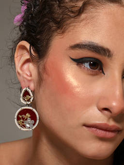 VENI - Gold Plated Artificial Stones Studded and Beaded Oxidised Circular Earrings