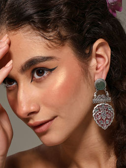VENI - 92.5 Silver Plated Oxidized Artificial Stones Studded Leaf Shaped Earrings