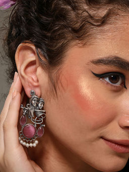VENI - 92.5 Silver Plated Oxidized Artificial Stones Studded Circular Shaped Earrings