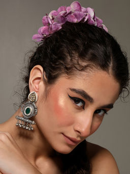 VENI - 92.5 Silver Plated Oxidized Stones Studded and Beaded Contemporary Earrings