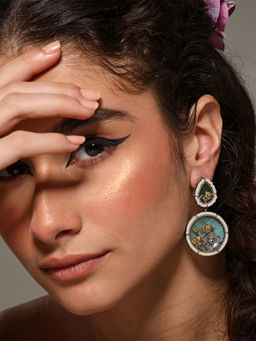 VENI - 92.5 Silver Plated Artificial Stones Studded and Beaded Oxidised Circular Earrings