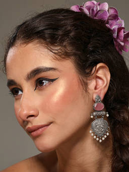 VENI - 92.5 Silver Plated Artificial Stones Studded and Beaded Oxidised Oval Earrings