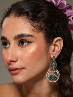 VENI - Silver-Plated Stones Studded and Beaded Oxidised Peacock Shaped Earrings
