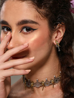 VENI - 92.5 Silver Plated Artificial Stones Studded And Beaded Oxidised Jewellery Set