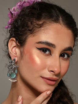 VENI - 92.5 Silver Plated Artificial Stones Studded and Beaded Oxidised Circular Earrings