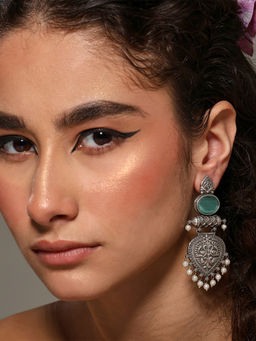 VENI - 92.5 Silver Plated Artificial Stones Studded and Beaded Oxidised Oval Earrings