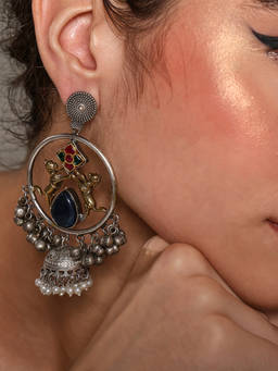 VENI - 92.5 Silver-Plated Stones Studded and Ghungroo Beaded Dome Oxidised Earrings